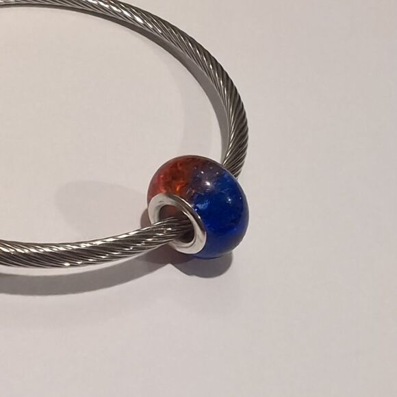 Silver Two Tone "Crushed Glass" Blue and Orange Charm for Pandora Style Bracelet - Picture 6 of 6